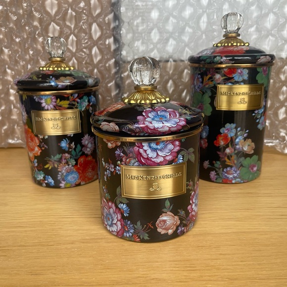 RETIRED & low stock MacKenzie-Childs Black Floral Canister set of 3 in a box - Picture 7 of 11